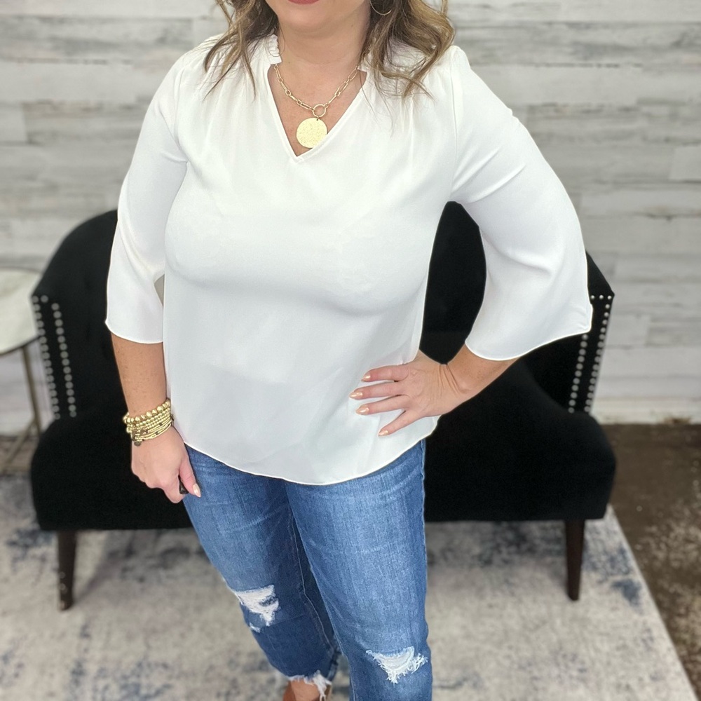 Cream Blouse | Quarter Sleeve V-Neck Boutique Top